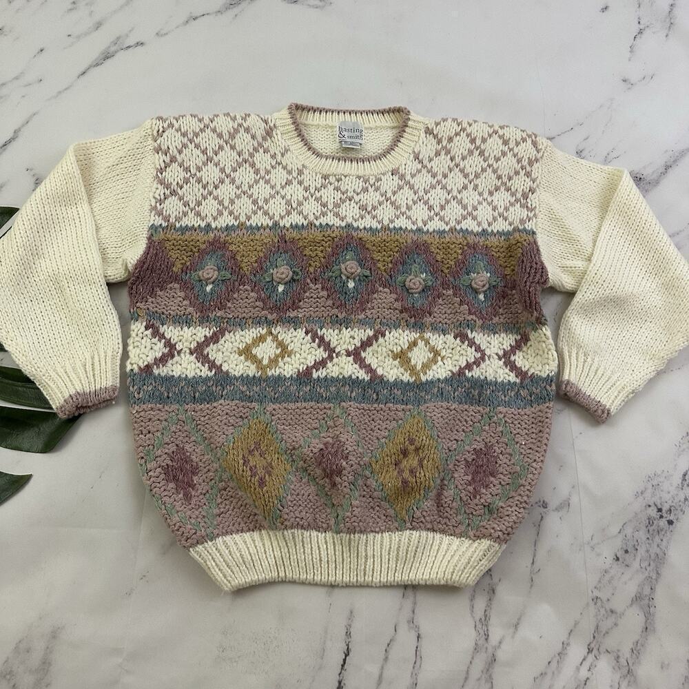 Hasting Smith Womens Vintage 80s Chunky Sweater Size M Cream Pink Floral Cottage